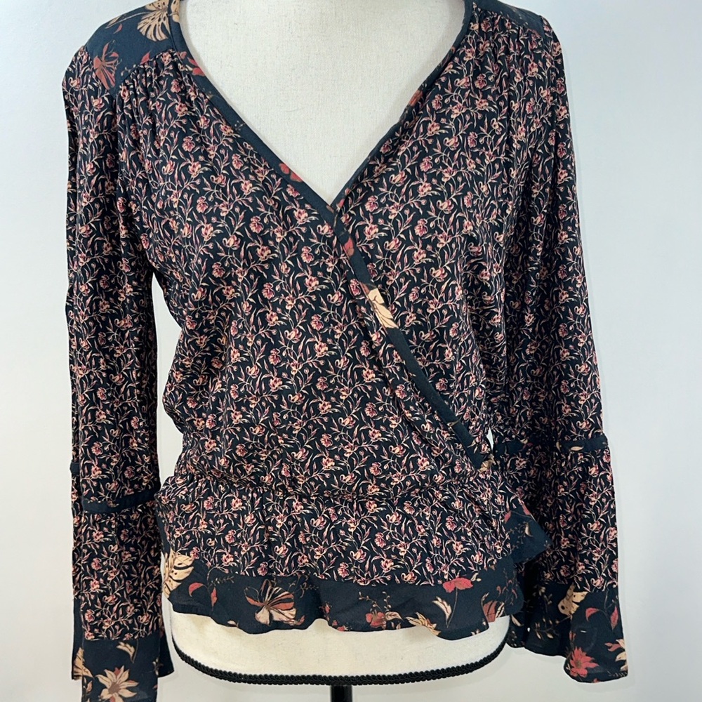 Faherty Pink and Black Long Sleeve Wrap Blouse